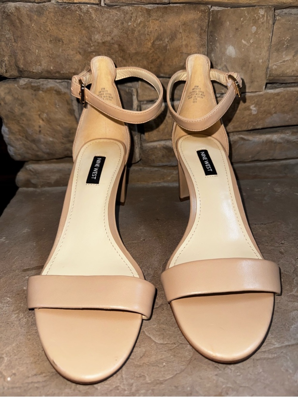 Nine West Beige Ankle-Strap Block Heel Sandals